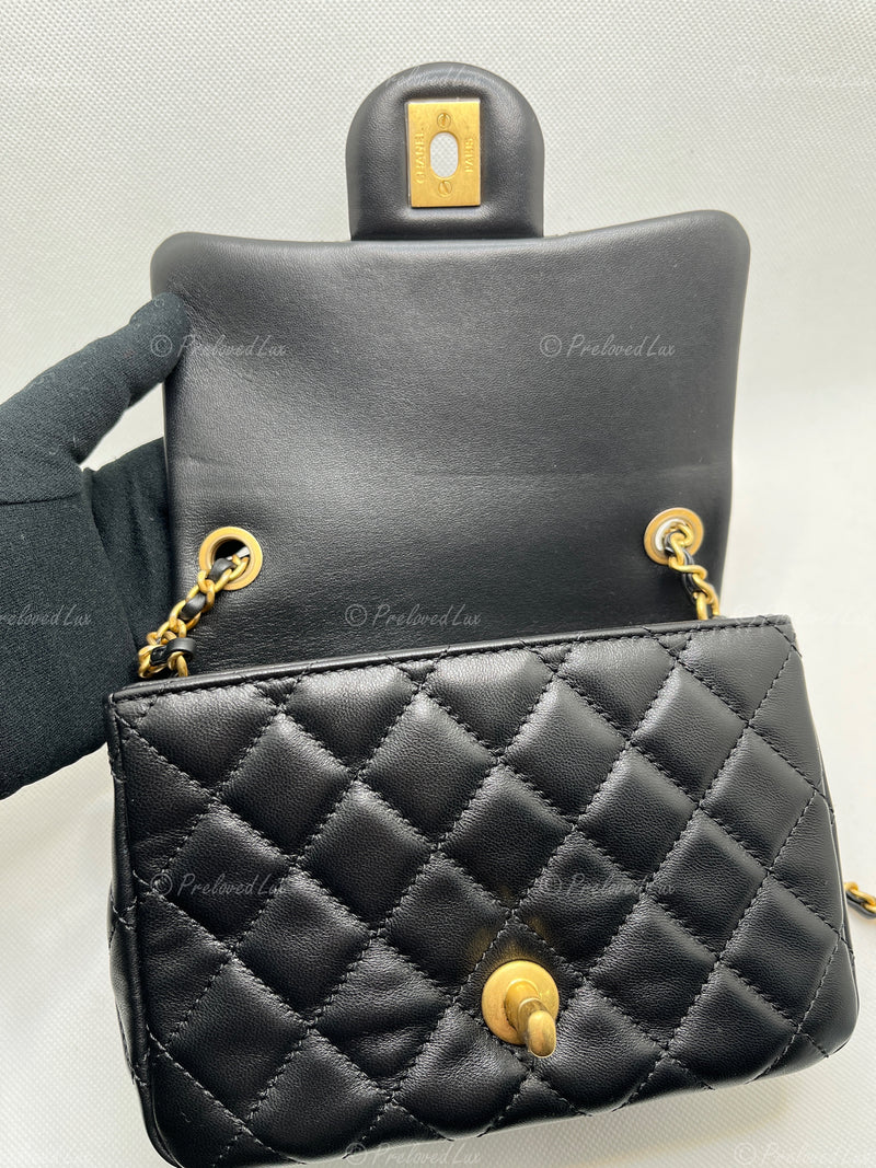 CHANEL Black Lambskin Mini Square Pearl Crush Flap Bag - Preloved