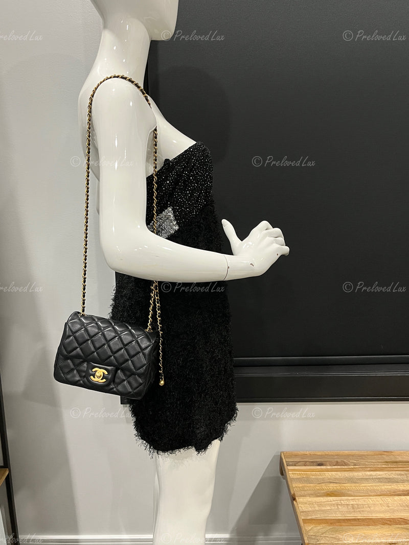 Sold-CHANEL Black Lambskin Mini Square Pearl Crush Flap Bag