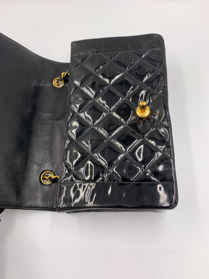 CHANEL Black Patent Leather Medium Diana Flap Crossbody Bag Gold hardware