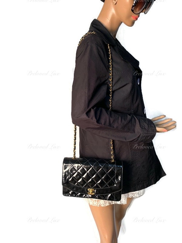 CHANEL Black Patent Leather Medium Diana Flap Crossbody Bag Gold hardware