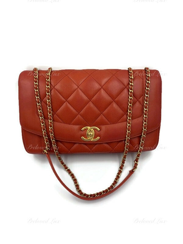 CHANEL Orange Red Lambskin Reissue Medium Diana Flap Crossbody Bag Gold  hardware