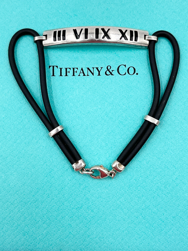 Tiffany & Co Atlas Roman Numeral Bar Black Rubber Cord Bracelet