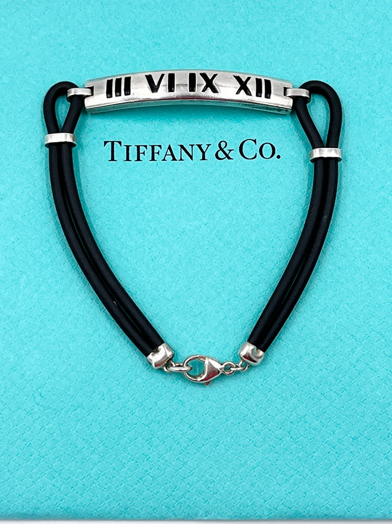 Tiffany & Co Atlas Roman Numeral Bar Black Rubber Cord Bracelet