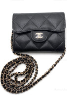 CHANEL Black Caviar Mini Clutch Wallet Crossbody Bag Champagne Light Gold Hardware