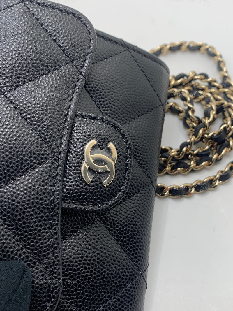 CHANEL Black Caviar Mini Clutch Wallet Crossbody Bag Champagne Light Gold Hardware