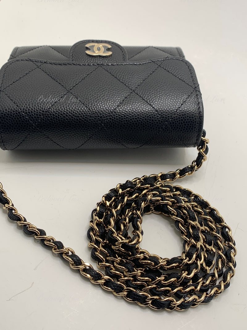 CHANEL Black Caviar Mini Clutch Wallet Crossbody Bag Champagne Light Gold Hardware