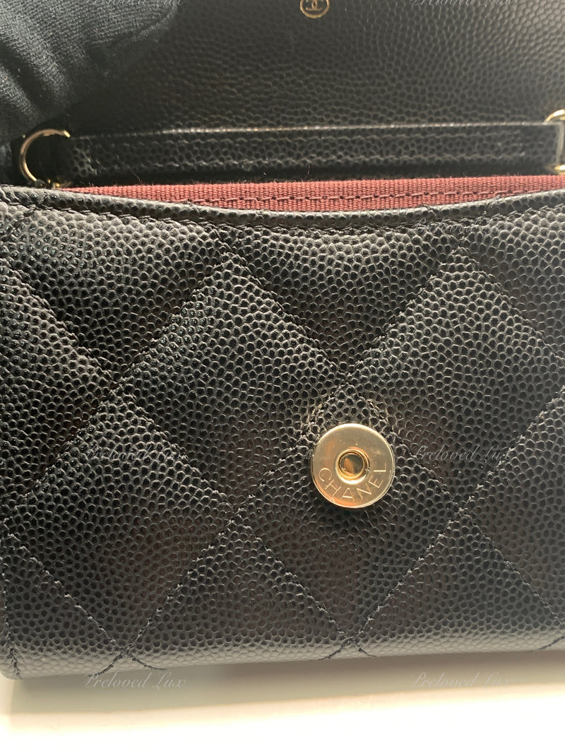 CHANEL Black Caviar Mini Clutch Wallet Crossbody Bag Champagne Light Gold Hardware