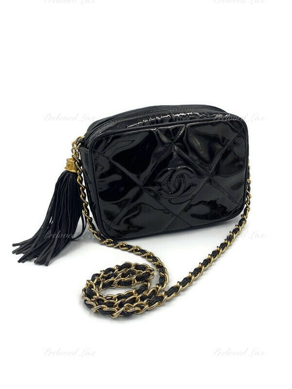Sold-CHANEL Patent Leather Black Mini Camera Bag with Tassel – Preloved Lux