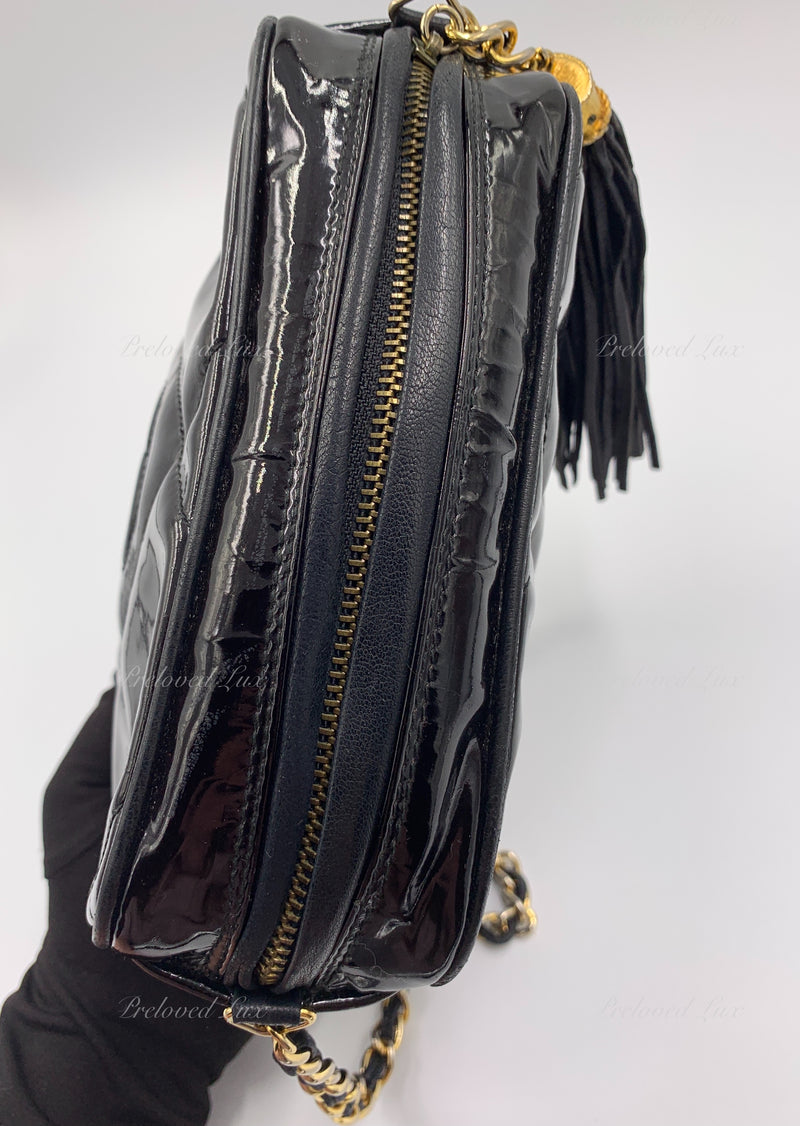 Sold-CHANEL Patent Leather Black Mini Camera Bag with Tassel