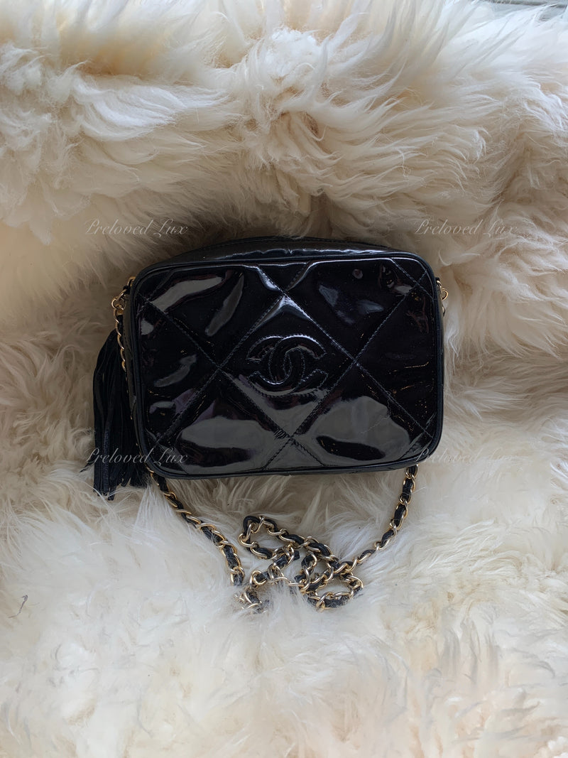 Sold-CHANEL Patent Leather Black Mini Camera Bag with Tassel
