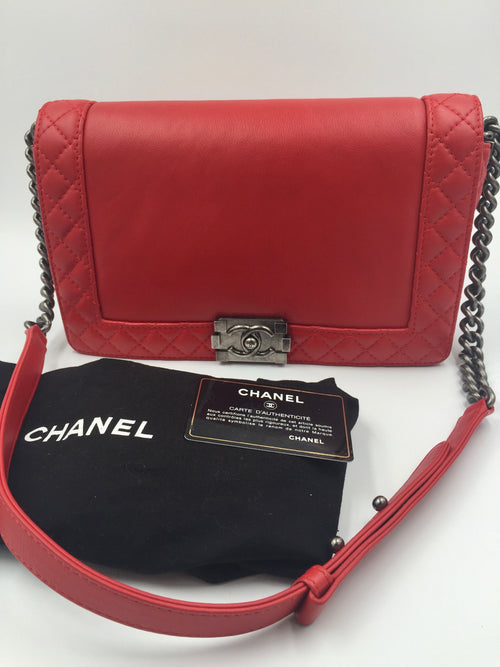 CHANEL Lambskin Medium Boy Reverso Flap Red with aged silver hardware