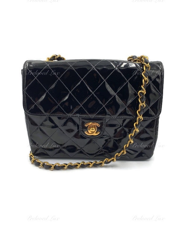 CHANEL Classic Mini Square Black Shoulder Bag Crossbody - Gold Hardware Patent Leather