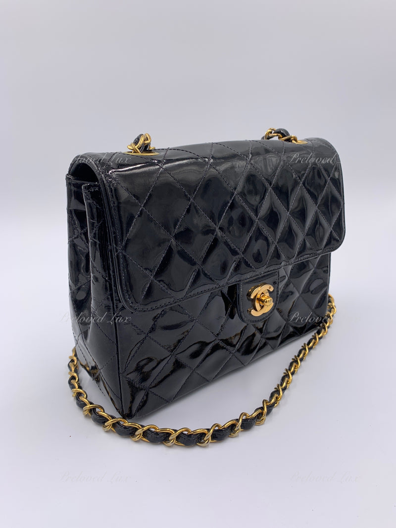 CHANEL Classic Mini Square Black Shoulder Bag Crossbody - Gold Hardware Patent Leather