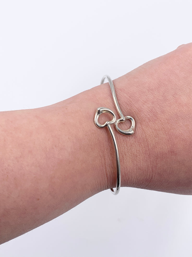 Tiffany & Co Silver 925 Elsa Peretti Double Open Heart Bangle Bracelet