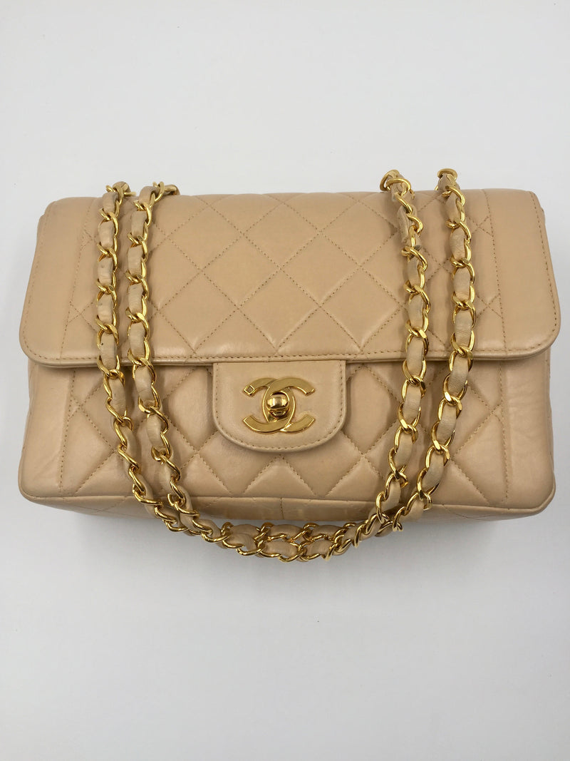 Sold-CHANEL Lambskin Double Chain Single Flap Bag Beige/gold hardware