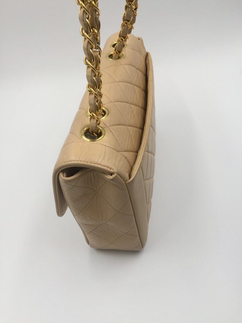Sold-CHANEL Lambskin Double Chain Single Flap Bag Beige/gold hardware