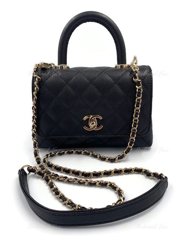 CHANEL Classic Black Caviar Mini Coco Handle Bag in Gold Hardware