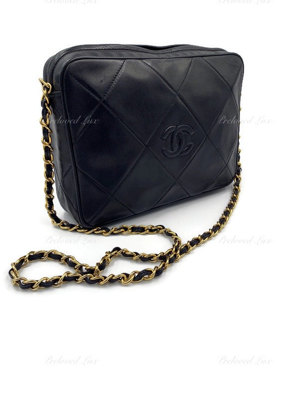 CHANEL Lambskin Black Vintage Camera Bag with Tassel