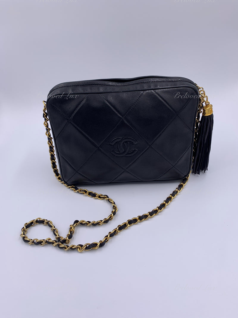 CHANEL Lambskin Quilted Tassel Camera Case Black 1144278