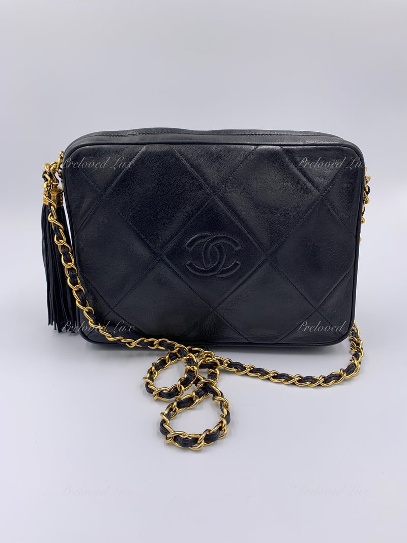 CHANEL Lambskin Black Vintage Camera Bag with Tassel