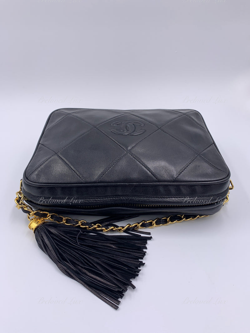 CHANEL Lambskin Black Vintage Camera Bag with Tassel