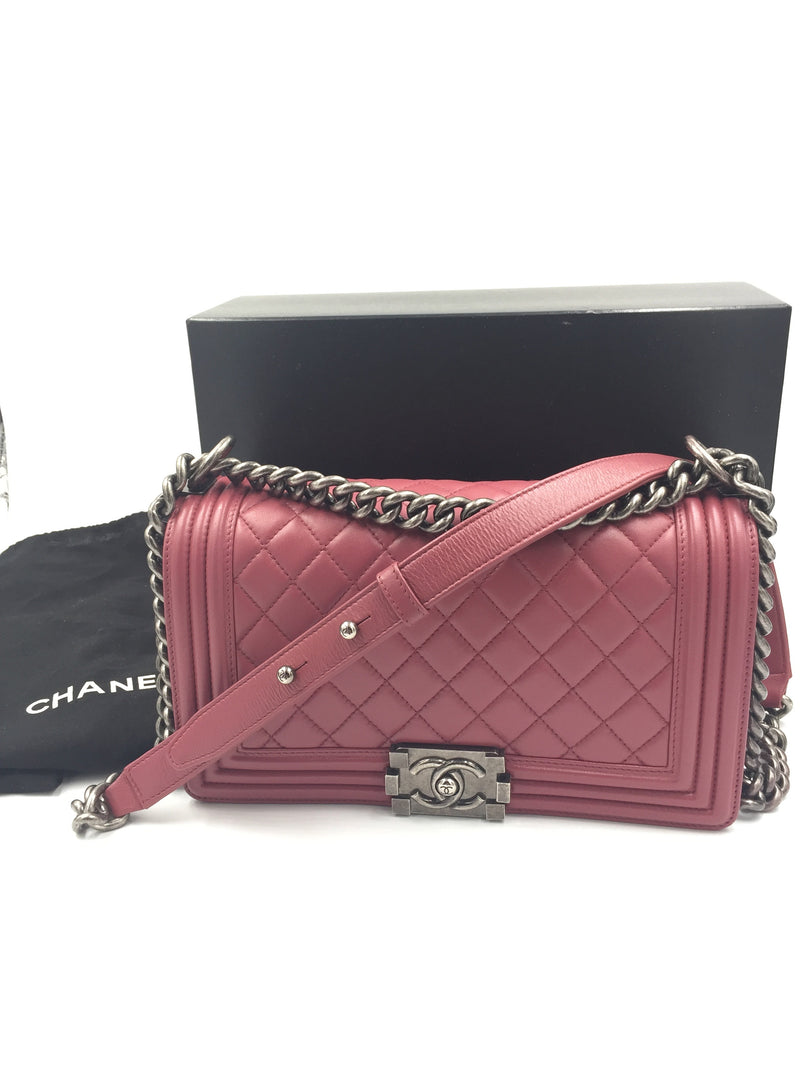 CHANEL Lambskin Old Medium Boy Dark Pink Ruthenium hardware