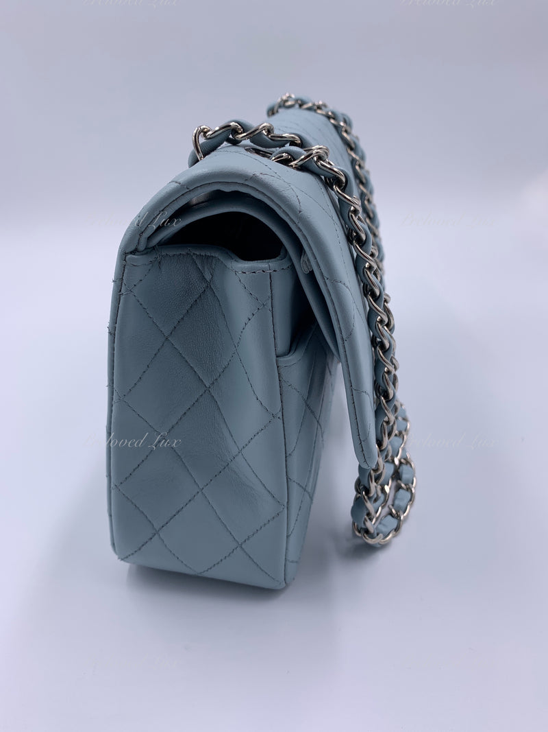 Sold-CHANEL Classic Lambskin Double Flap Medium Shoulder Bag - Light Blue Silver Hardware