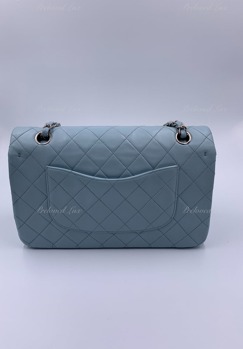 Sold-CHANEL Classic Lambskin Double Flap Medium Shoulder Bag - Light Blue Silver Hardware