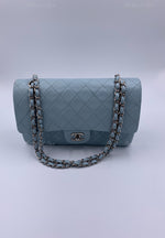 Sold-CHANEL Classic Lambskin Double Flap Medium Shoulder Bag - Light Blue Silver Hardware