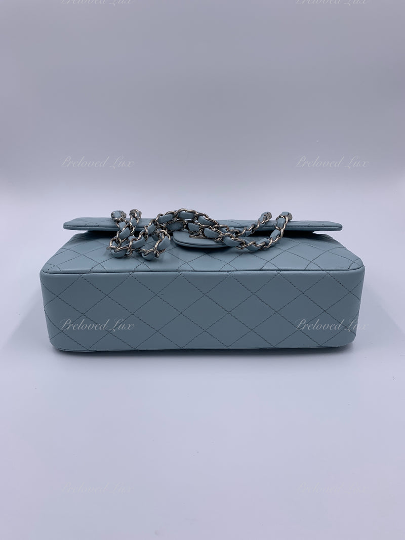 Sold-CHANEL Classic Lambskin Double Flap Medium Shoulder Bag - Light Blue Silver Hardware