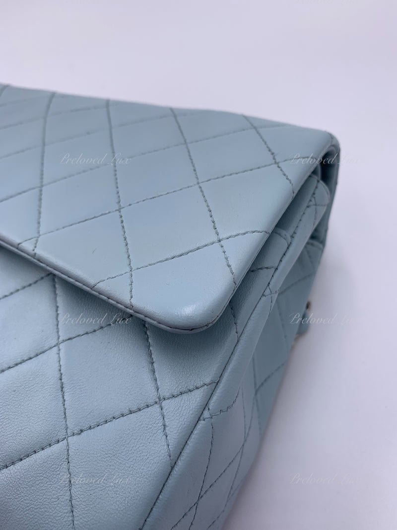 Sold-CHANEL Classic Lambskin Double Flap Medium Shoulder Bag - Light Blue Silver Hardware