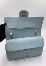 Sold-CHANEL Classic Lambskin Double Flap Medium Shoulder Bag - Light Blue Silver Hardware