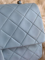 Sold-CHANEL Classic Lambskin Double Flap Medium Shoulder Bag - Light Blue Silver Hardware