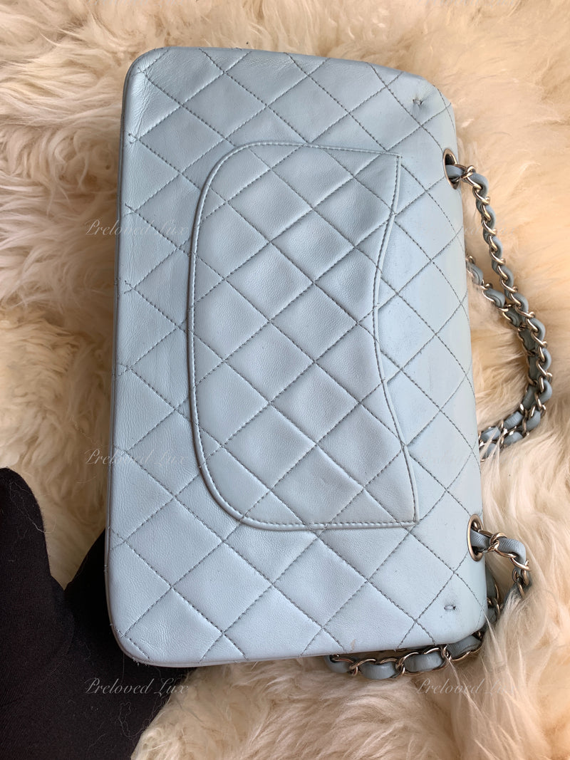 Sold-CHANEL Classic Lambskin Double Flap Medium Shoulder Bag - Light Blue Silver Hardware