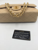Sold-CHANEL Classic Lambskin Double Chain Double Flap Medium Shoulder Bag- beige/gold (2)