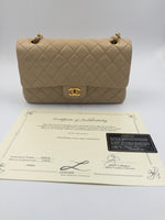 Sold-CHANEL Classic Lambskin Double Chain Double Flap Medium Shoulder Bag- beige/gold (2)