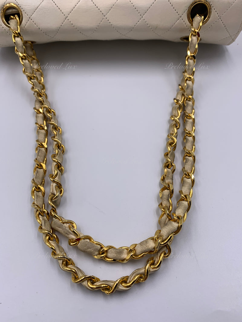 Sold-CHANEL Vintage Lambskin Double Chain Flap Bag Medium Size white/gold