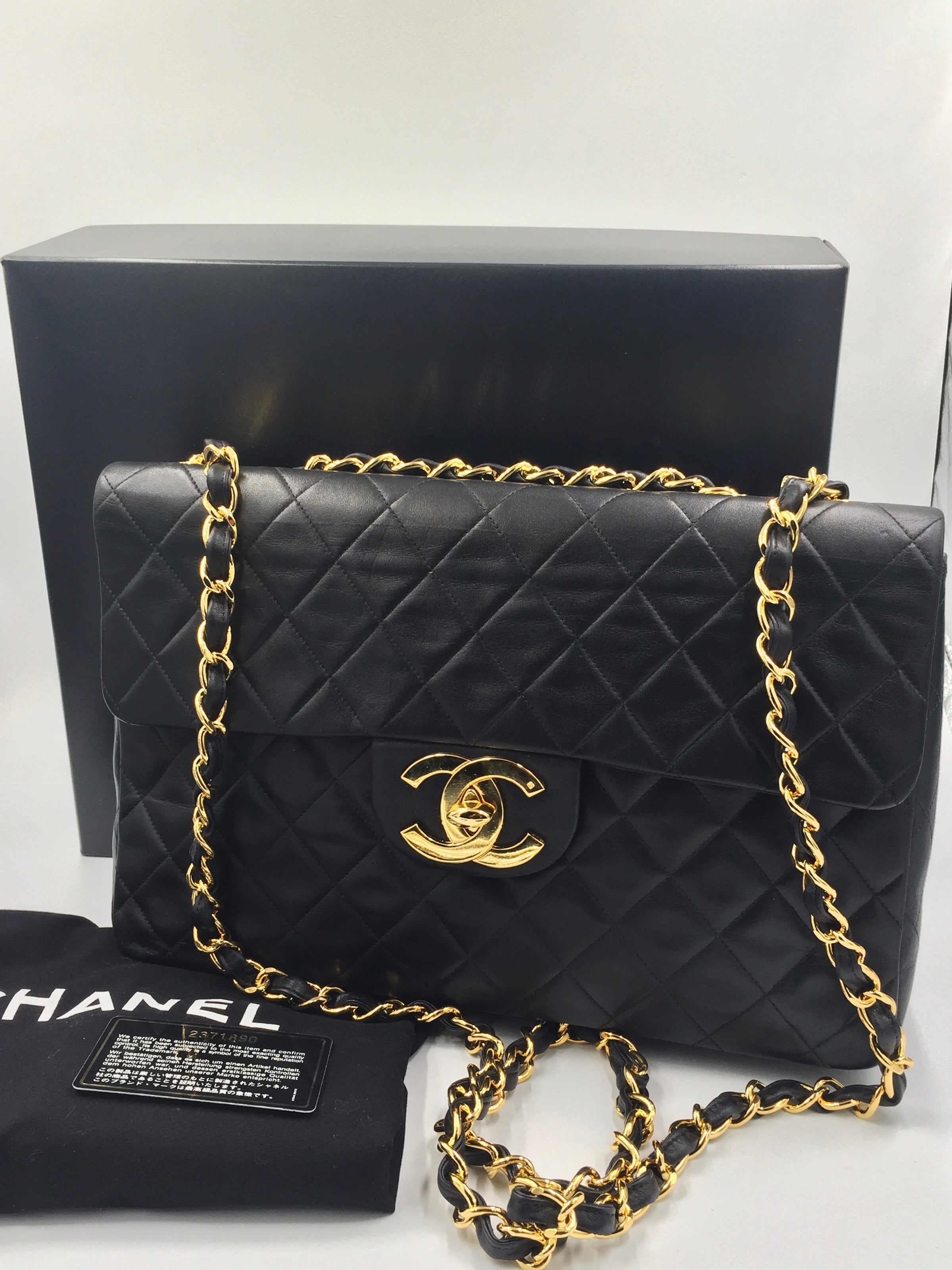 Sold-CHANEL Classic Lambskin Maxi Jumbo Flap Bag black/gold hardware –  Preloved Lux