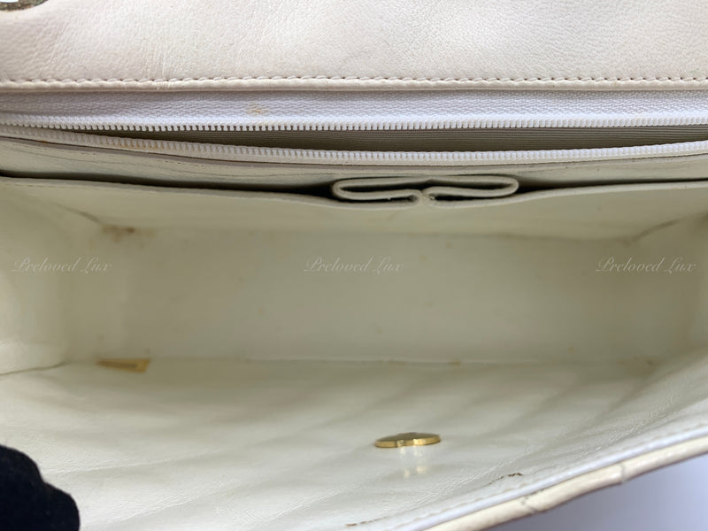 Sold-CHANEL Vintage Lambskin Double Chain Flap Bag Medium Size white/gold