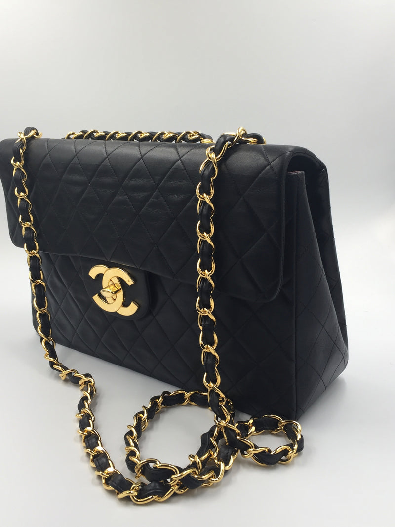 Chanel Jumbo 11 Large Chain Shoulder Bag Flap Black Lambskin Gold F98