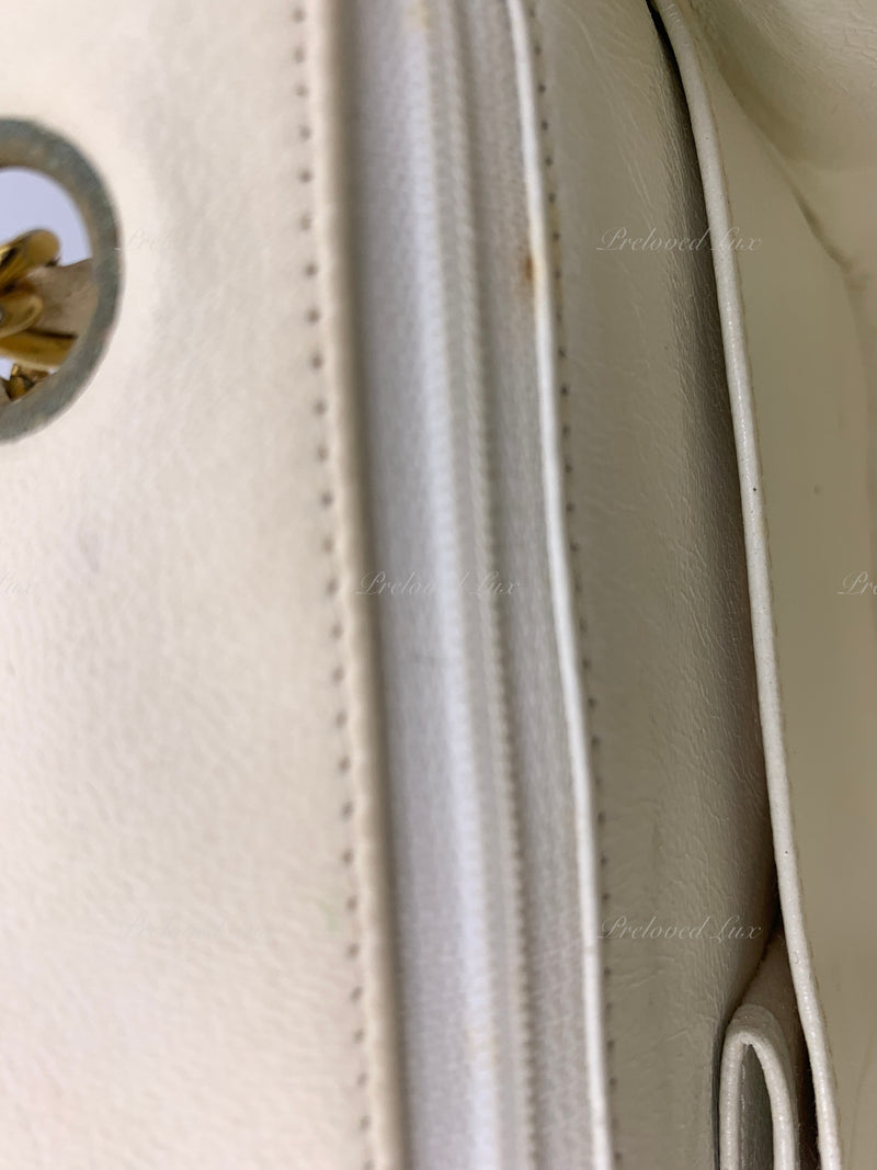 Sold-CHANEL Vintage Lambskin Double Chain Flap Bag Medium Size white/gold