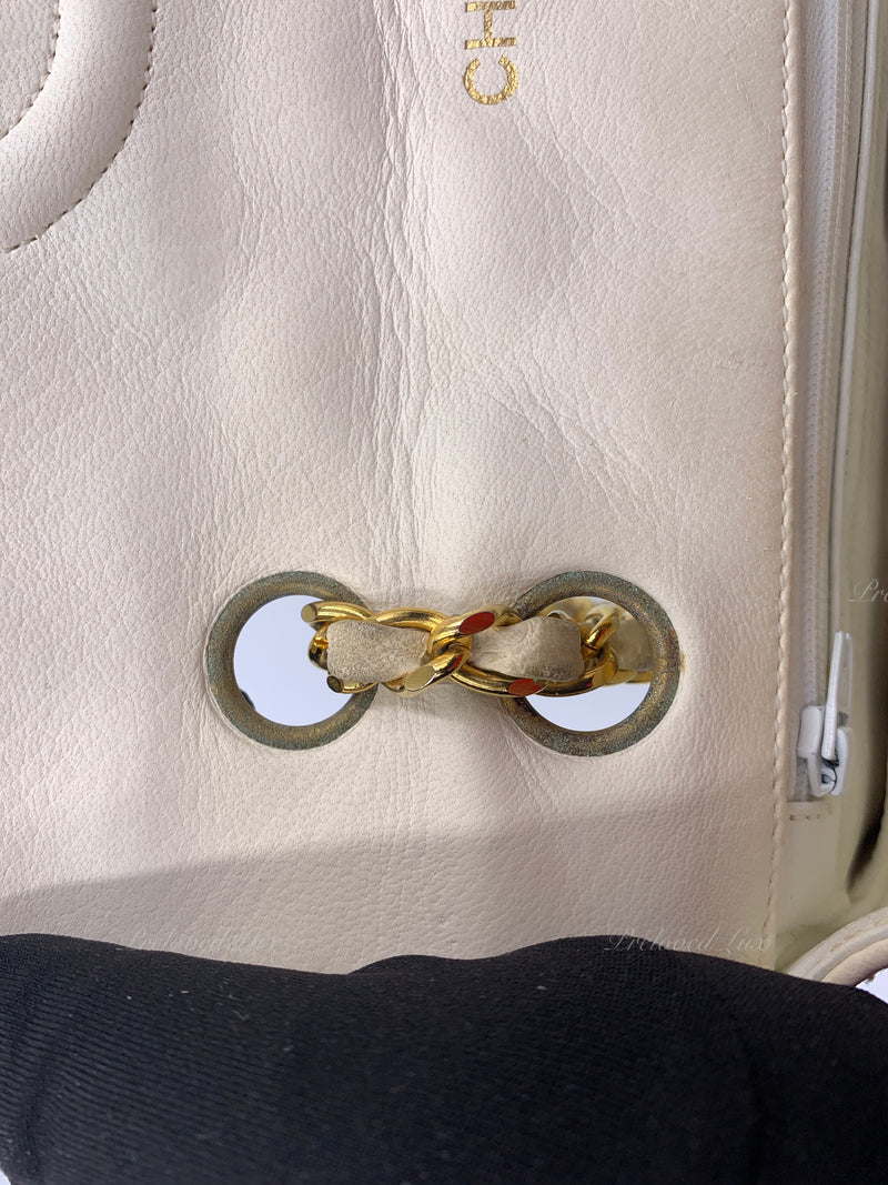 Sold-CHANEL Vintage Lambskin Double Chain Flap Bag Medium Size white/gold