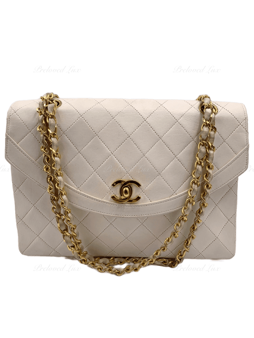 Sold-CHANEL Vintage Lambskin Double Chain Flap Bag Medium Size white/gold