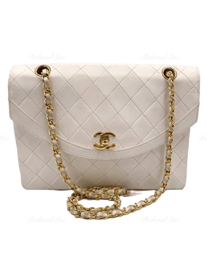 Sold-CHANEL Vintage Lambskin Double Chain Flap Bag Medium Size white/gold
