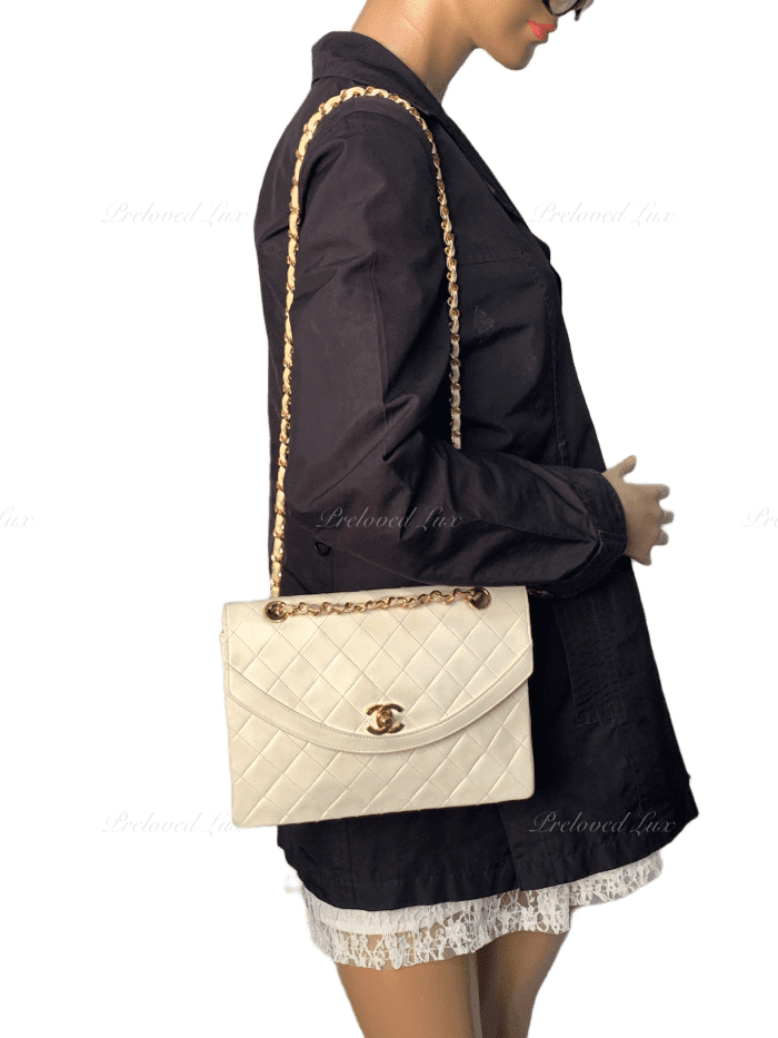 Sold-CHANEL Vintage Lambskin Double Chain Flap Bag Medium Size white/gold
