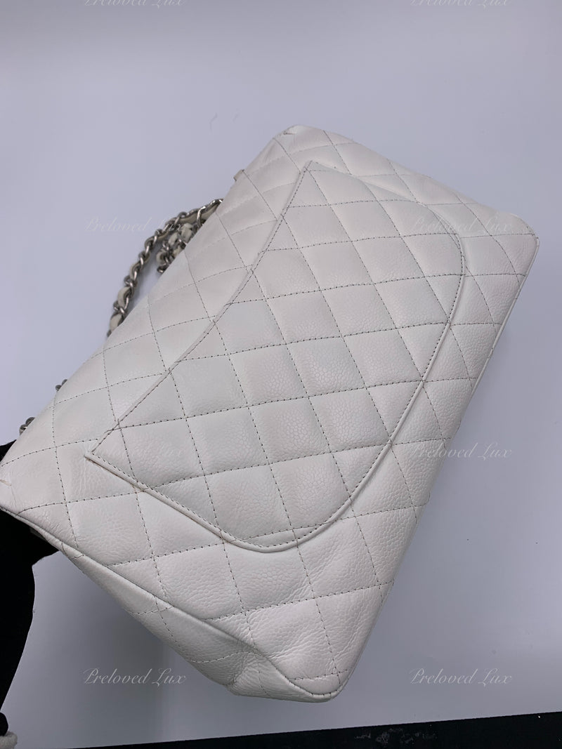 Sold-CHANEL Classic Caviar Single Flap Jumbo Shoulder Bag -White Silver Hardware