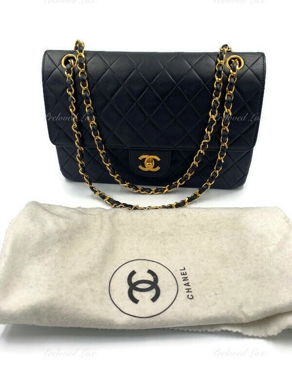 CHANEL Classic Lambskin Vintage Medium Large Double Chain Flap Bag Black /  Gold Hardware