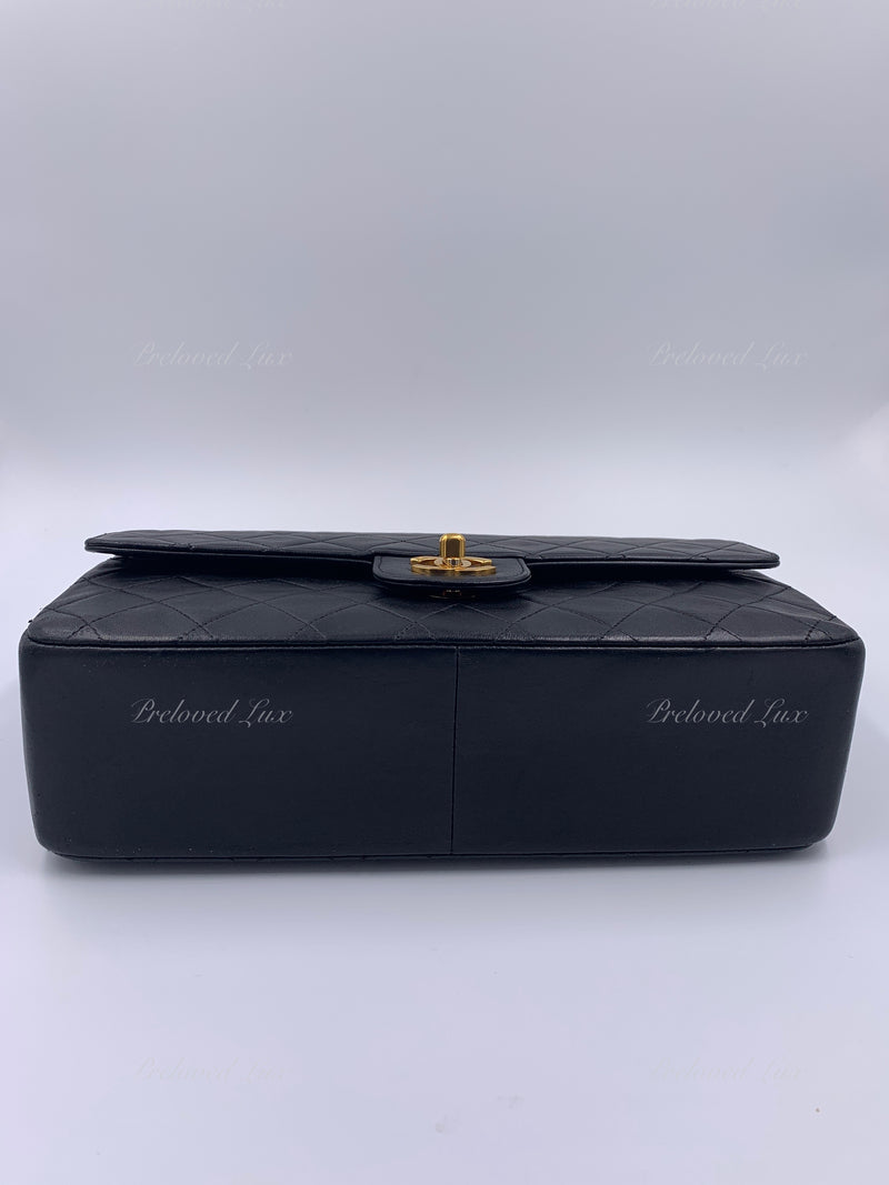 CHANEL Classic Lambskin Vintage Medium Large Double Chain Flap Bag Black / Gold Hardware