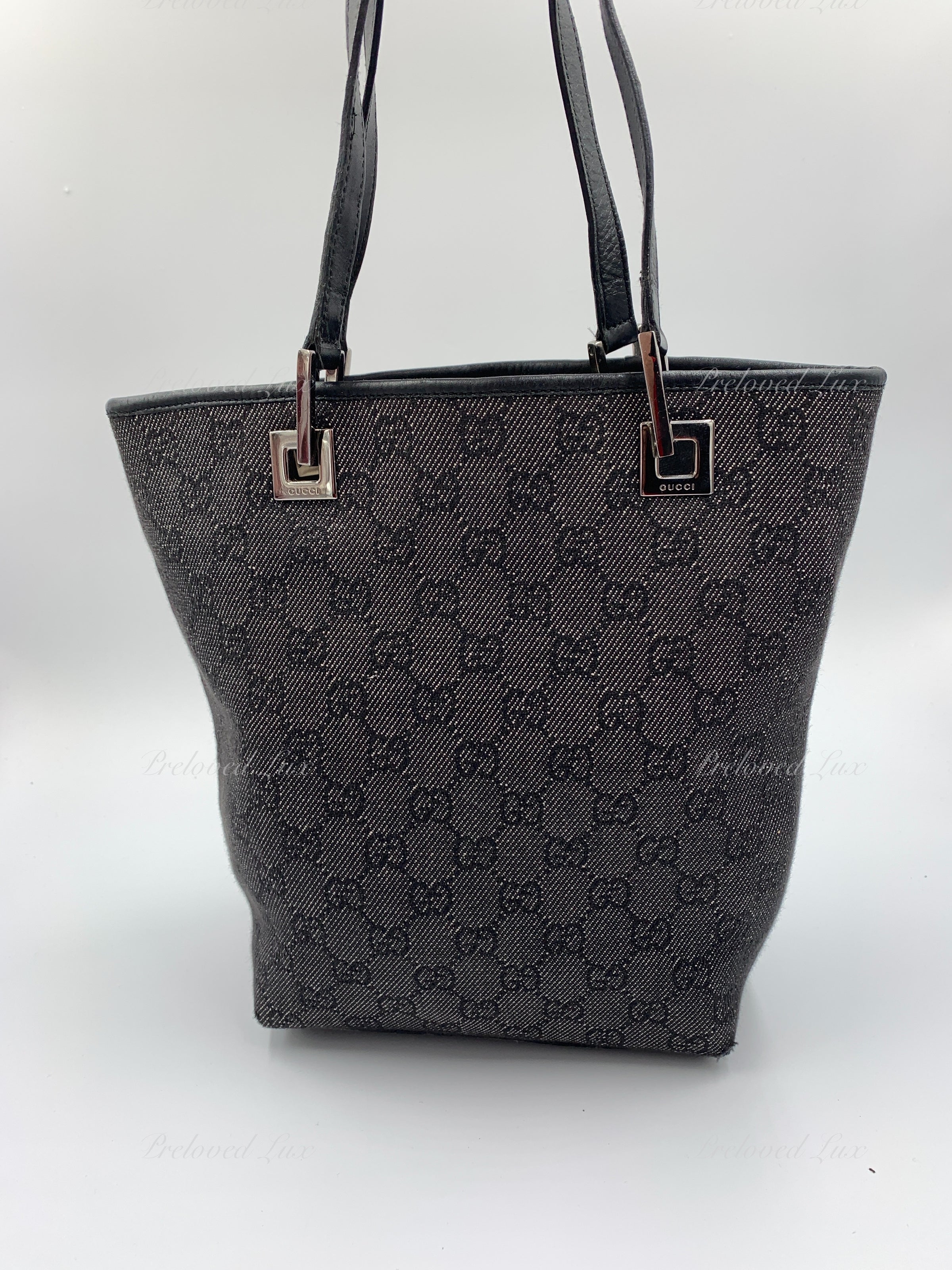 Gucci GG Denim Monogram Canvas Small Bucket Tote Handbag - Boca Pawn