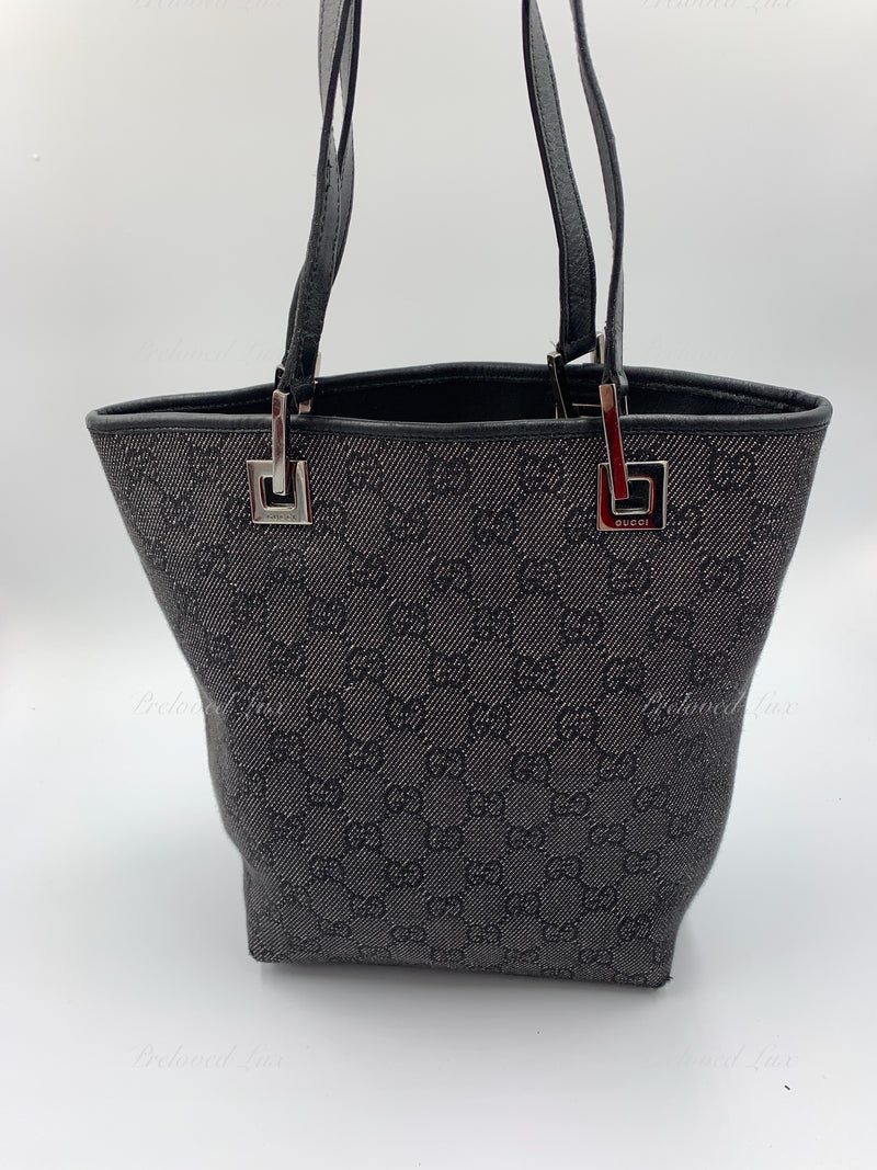 GUCCI GG Black Denim Monogram Logo Bucket Shoulder Bag